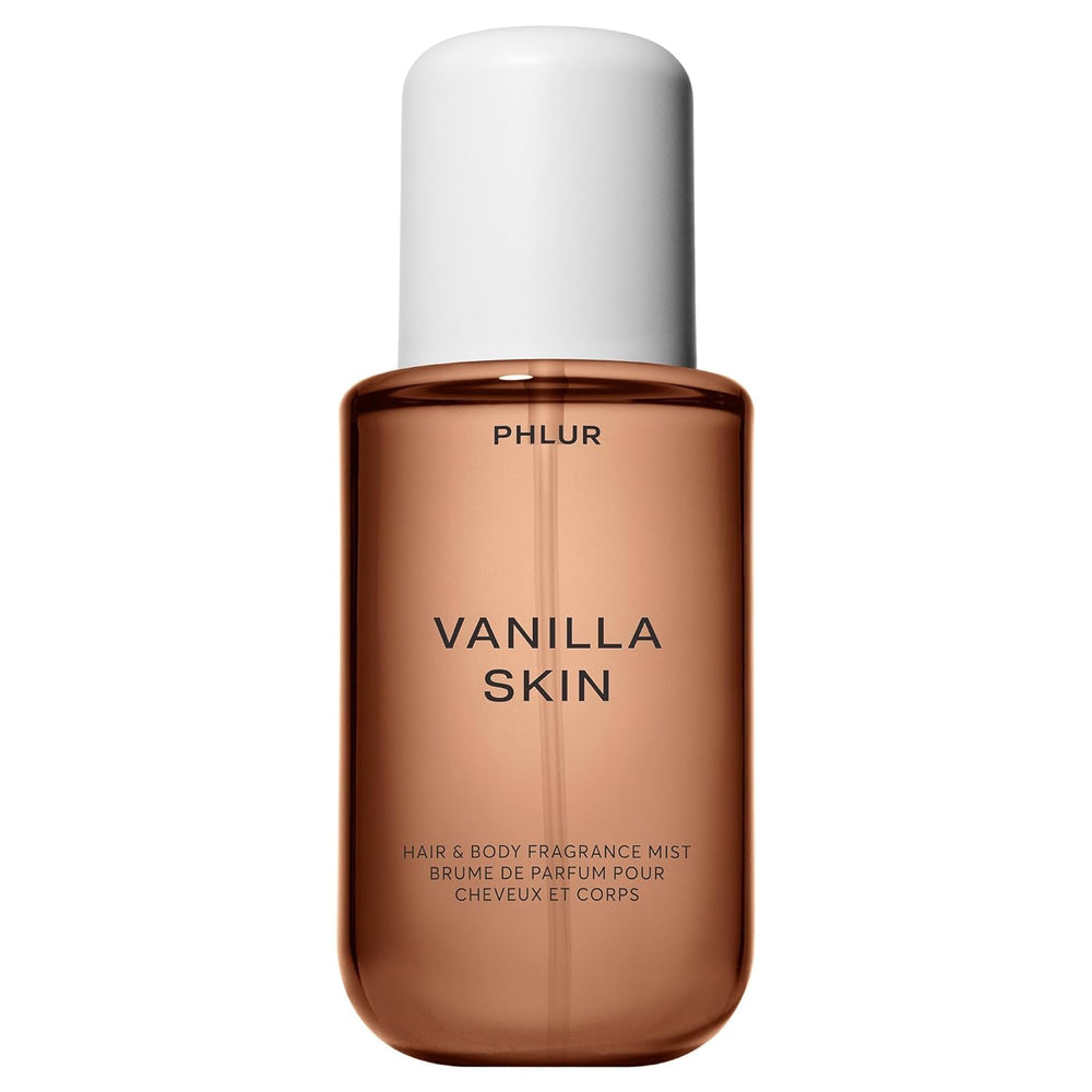 PHLUR Vanilla Skin Body Mist bottle pour demonstrates easy application.