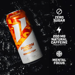 PHORM ENERGY Orange Fury highlighting natural caffeine from green tea