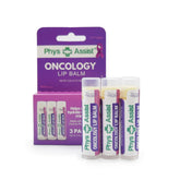 PhysAssist Oncology Lip Balm 3-pack box visible, highlighting USDA Organic moisturizer for dry lips.