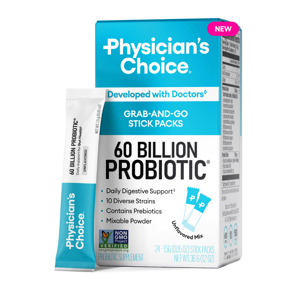 Physician’s Choice 60B CFU probiotic stick pack close-up for daily gut support.