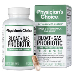 Physician's CHOICE bloat-gas probiotic 5-in-1 bottle supports comfortable digestion.