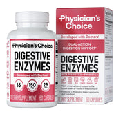 Physician's CHOICE digestive enzymes bottle front with label highlighting 16 enzymes for meal-time relief
