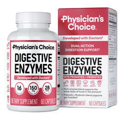 Physician's CHOICE digestive enzymes bottle front with label highlighting 16 enzymes for meal-time relief