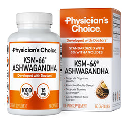 Physician's CHOICE KSM-66 Ashwagandha bottle front view for daily calm balance.