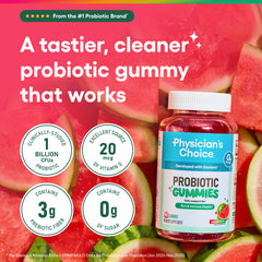 Physician's Choice Probiotic Gummies Watermelon bottle back shows ingredients and routine.