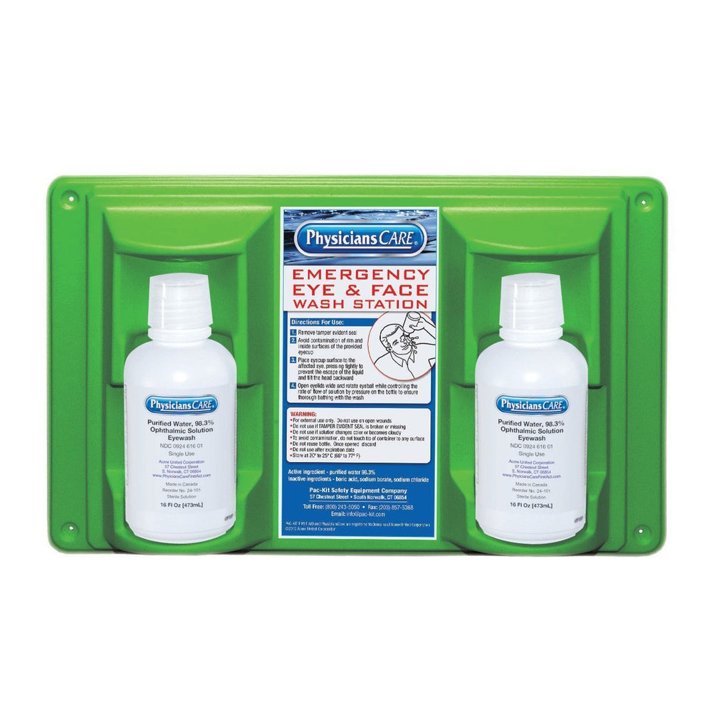 PhysiciansCare wall-mount eyewash station with two 16 oz bottles for quick eye irrigation.