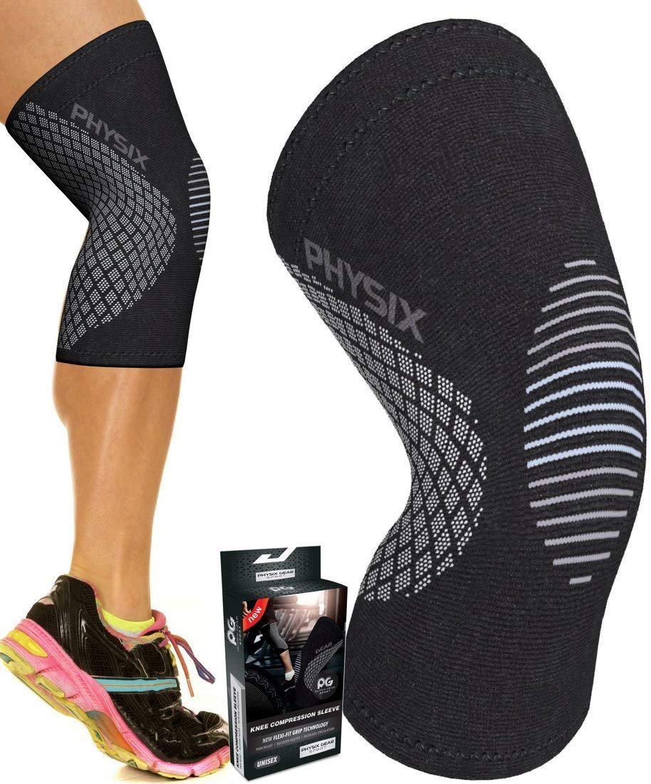 Physix Gear Knee Support Brace front view in grey for enhanced knee stability during workouts.