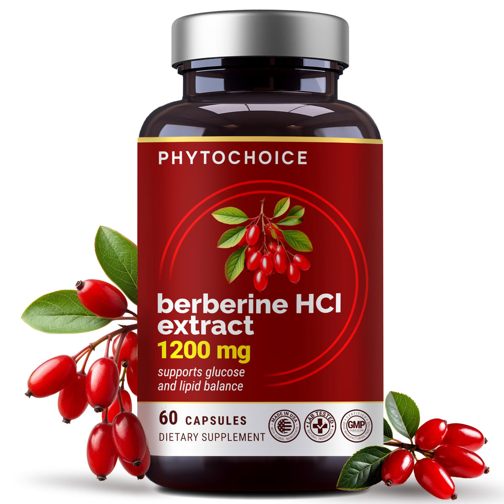 PhytoChoice Pure Berberine HCl 1200mg bottle label showing clean, non-GMO formula for daily support