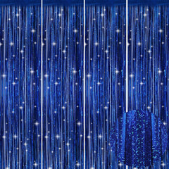 Picoway blue foil fringe curtain backdrop enhances birthdays with sparkling dimension