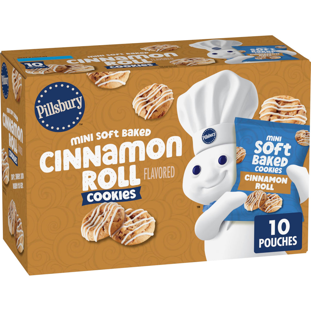 Pillsbury mini cinnamon roll cookies in a resealable bag, ready-to-eat and perfect for on-the-go snacking.