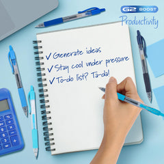 Pilot G2 Boost 8-pack pouch front view on desk for versatile writing.