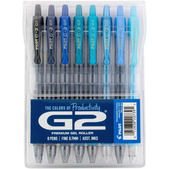 Pilot G2 Boost blue pen close-up, smooth gel ink for precise writing.