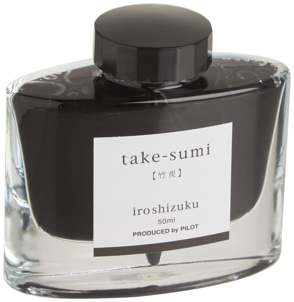 PILOT Iroshizuku Take-Sumi bottle cap close-up, deep black bamboo charcoal ink.