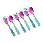 Pimoys rainbow toddler utensils set with bear engraving for engaging mealtimes.