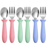 Pimoys toddler utensils with rounded forks for safe self-feeding.