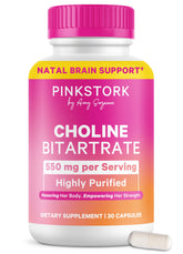 Pink Stork Choline bottle cap—550 mg choline per capsule for prenatal nutrition support.