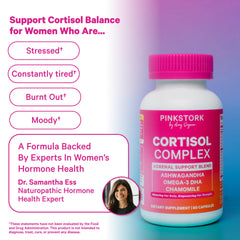 Pink Stork Cortisol bottle on table suggesting daytime use and routine.