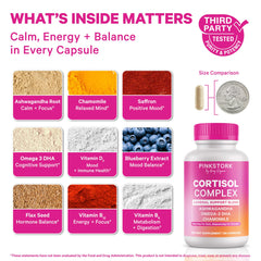 Pink Stork Cortisol capsules in hand for on-the-go mood and energy support.