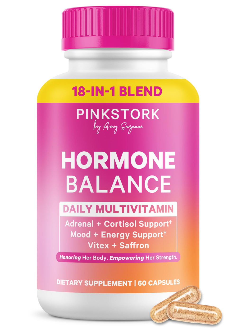 Pink Stork Hormone Balance bottle with capsules supports daily mood and energy.
