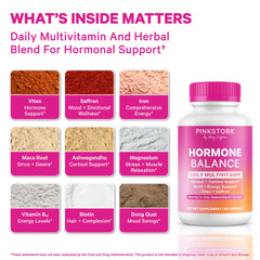 Pink Stork Hormone Balance bottle label closeup highlights the 18-in-1 formula benefits.