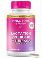 Pink Stork Lactation Probiotic bottle for daily gut support during breastfeeding.