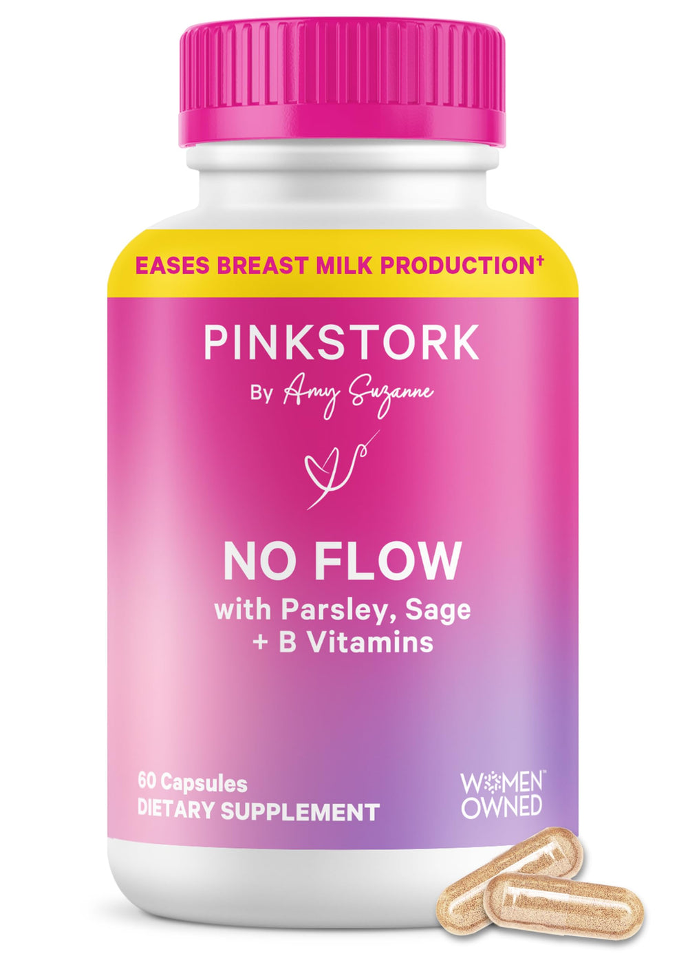 Pink Stork No Flow bottle front signaling lactation support and trust