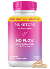 Pink Stork No Flow bottle front signaling lactation support and trust