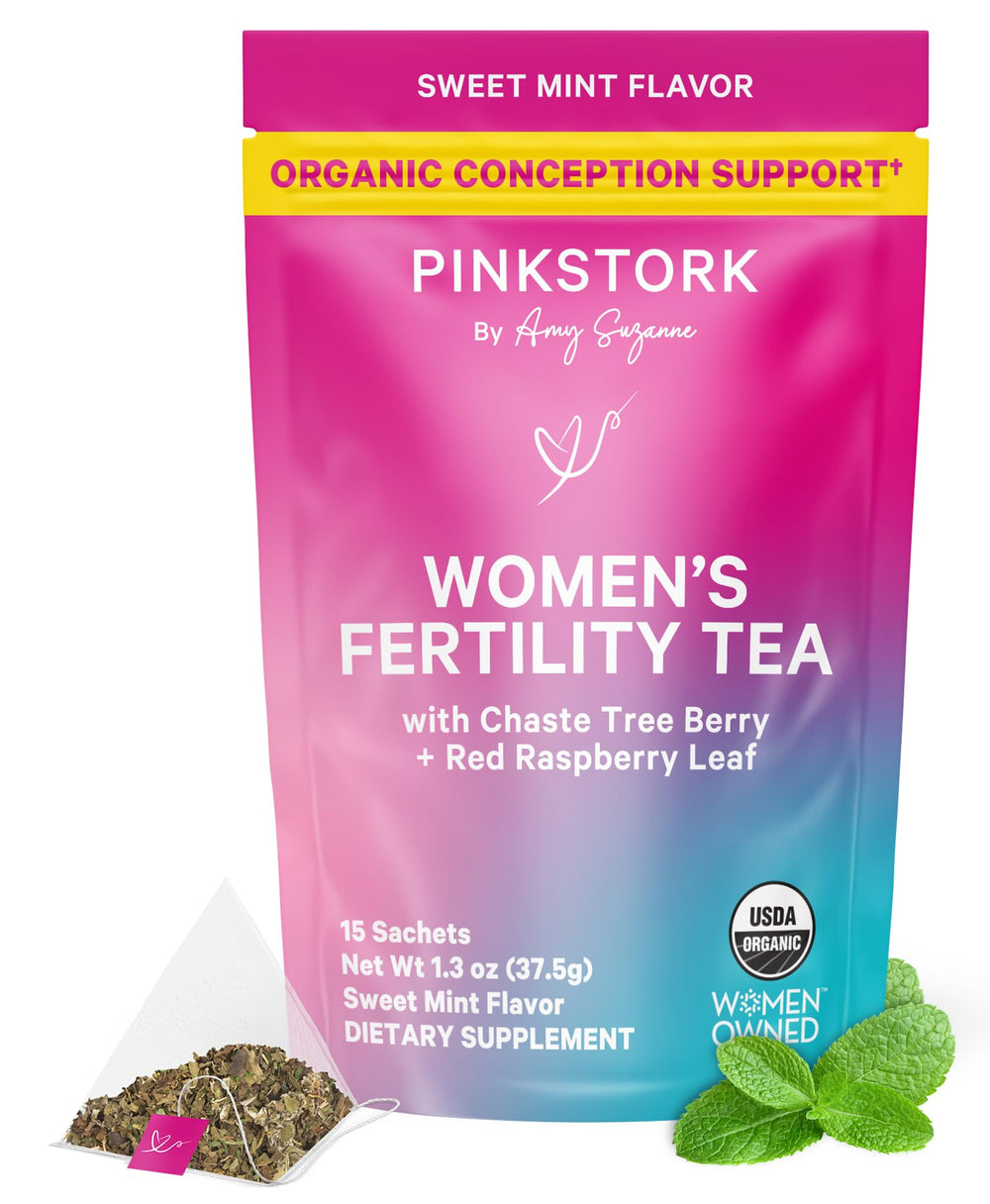 Pink Stork Organic Fertility Tea packaging on a shelf, inviting a daily ritual that supports cycle rhythm.