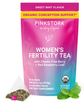 Pink Stork Organic Fertility Tea packaging on a shelf, inviting a daily ritual that supports cycle rhythm.