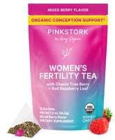 Pink Stork Organic Fertility Tea packaging for a caffeine-free herbal blend