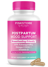 Pink Stork Postpartum Mood Support bottle front for postnatal balance.