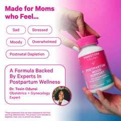 Pink Stork Postpartum Mood Support DHA from algae panel highlighting plant-based omega-3.