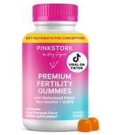 Pink Stork Premium Fertility Gummies bottle on shelf supports daily reproductive wellness.