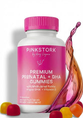 Pink Stork Prenatal Gummies bottle for convenient prenatal support.