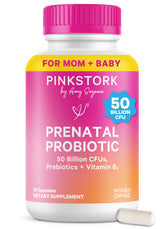 Pink Stork Prenatal Probiotic bottle front displaying 50 Billion CFU for gut balance.