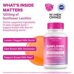 Front view of Pink Stork Sunflower Lecithin bottle highlights breastfeeding support.