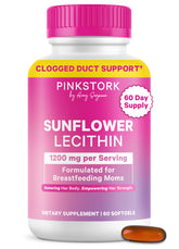 Pink Stork Sunflower Lecithin softgels bottle supports milk flow and may help prevent clogged ducts.