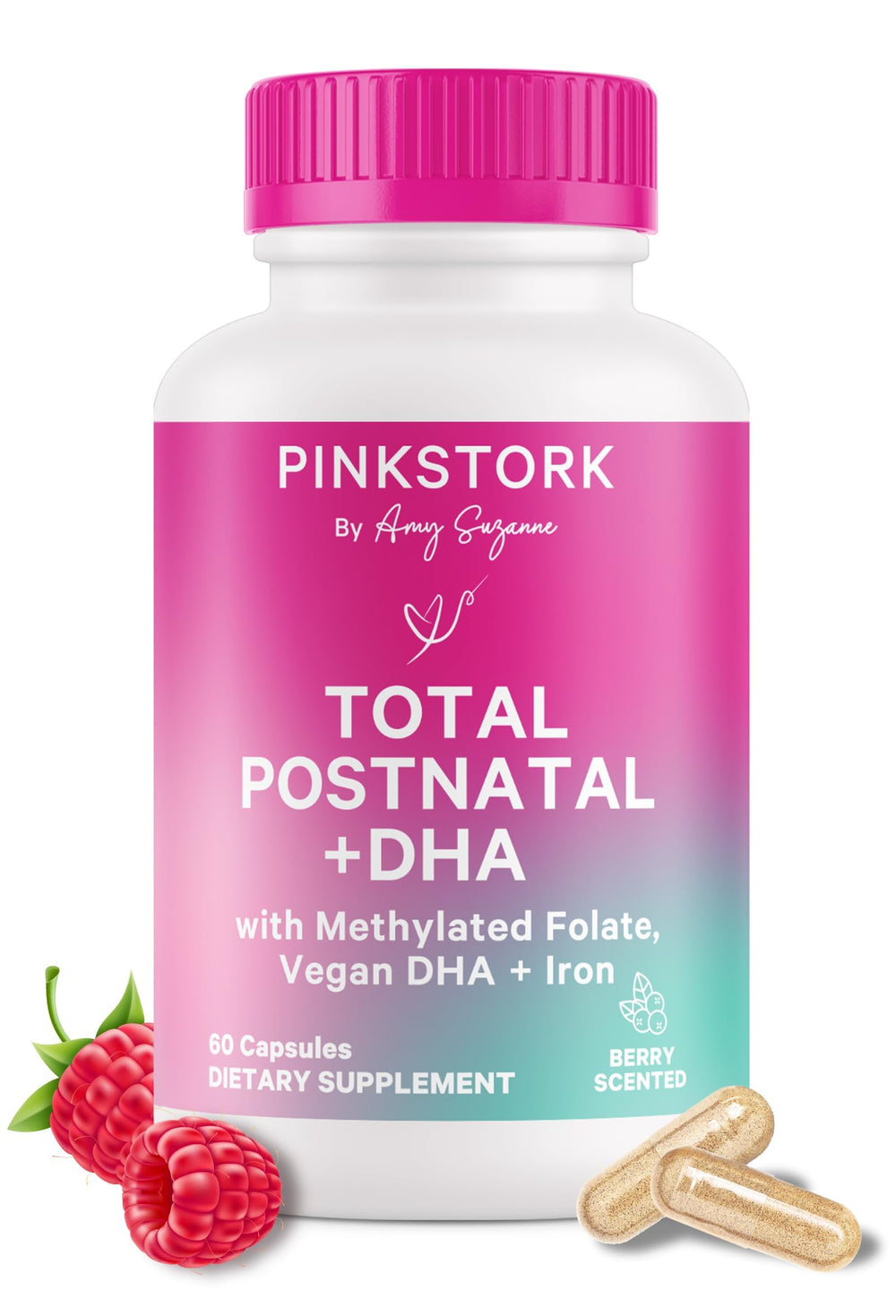 Pink Stork Total Postnatal bottle front showing postpartum multivitamin for new moms