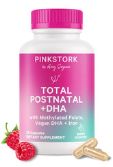 Pink Stork Total Postnatal bottle front showing postpartum multivitamin for new moms