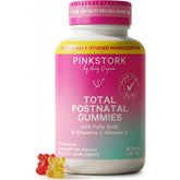 Pink Stork Total Postnatal gummies bottle for postpartum nutrition and lactation support.