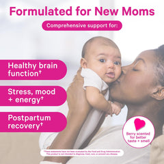 Label Berry graphic on Pink Stork Total Postnatal showing clean, vegan nutrients