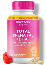 Pink Stork Total Prenatal Berry bottle and capsules for daily prenatal support