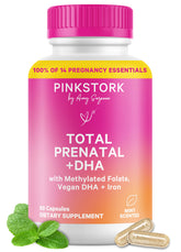 Pink Stork Total Prenatal DHA bottle with capsules for convenient daily prenatal support.