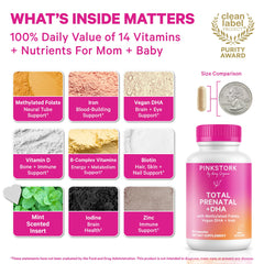 Pink Stork Total Prenatal DHA capsules close-up highlighting omega-3 content.
