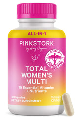 Pink Stork Total Women’s Multivitamin bottle front view for daily energy balance.