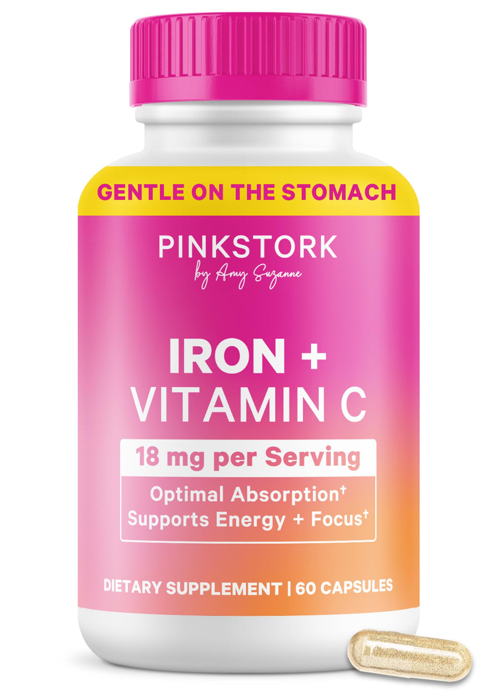 Pink Stork Iron capsules showing gentle bisglycinate iron for smooth daily support