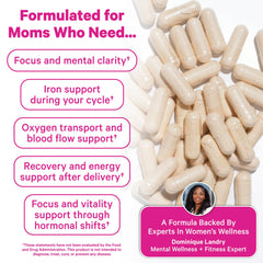 Pink Stork Iron bottle label close-up highlighting vegan, clean formula