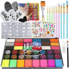 Pintada 42-color face-paint palette showcasing vibrant shades for bold party looks on skin.