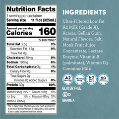 Pioneer Pastures vanilla A2 milkshake nutrition label shows protein and sugar