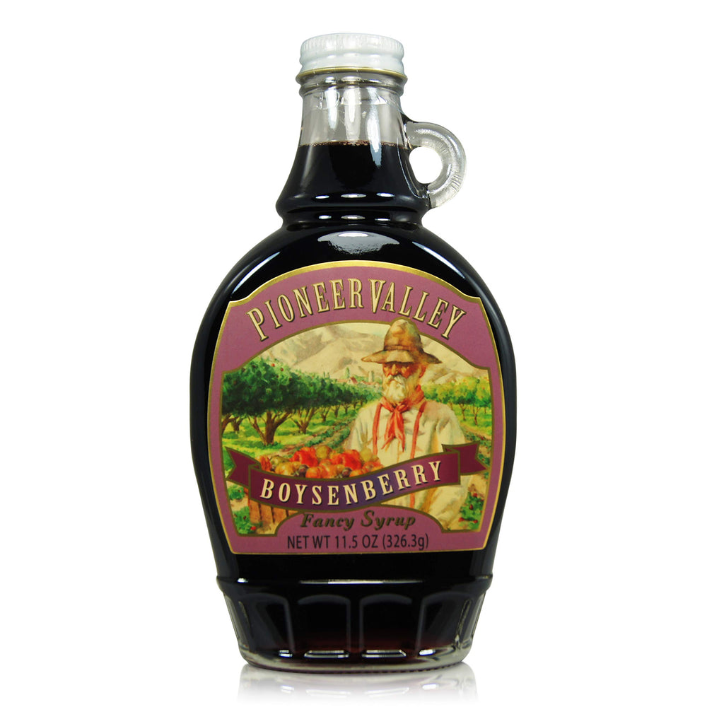 Pioneer Valley Boysenberry Fancy Syrup bottle showing rich berry flavor, ideal for breakfast.